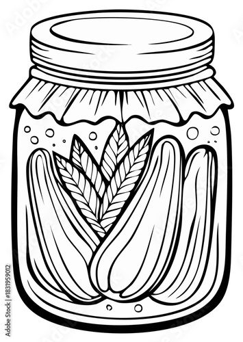 Pickles Jar Line Art Illustration with Leaves in Brine: Food Preservation