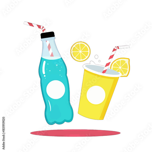 Blue soda bottle and lemonade cup illustration with lemons