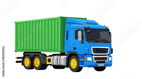 Blue truck carrying a green shipping container