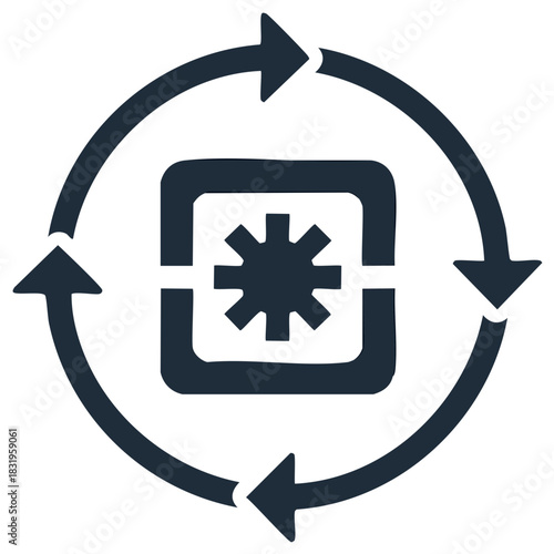 Monochrome vector icon of a cooling cycle with a snowflake and circular arrows