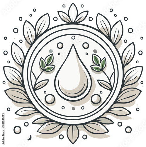 Circle emblem with a water drop and laurel leaves symbolizing purity and nature