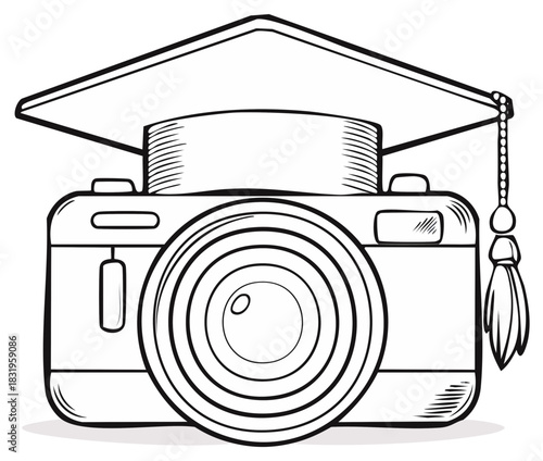 Camera wearing a graduation cap with a tassel symbolizing photography education and achievement