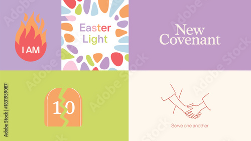 Four panels illustrating christian concepts of i am easter light new covenant and ten commandments