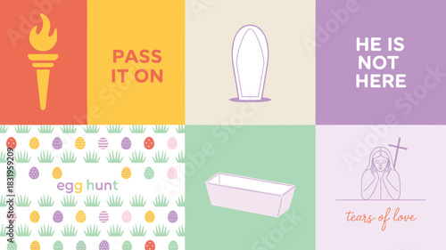 Easter symbols of hope and resurrection with egg hunt and empty tomb imagery