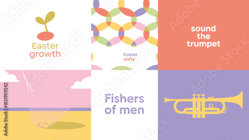 Easter themes of growth unity fishing for souls and spreading the word with trumpets