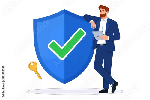 Businessman holding tablet and shield with checkmark symbol