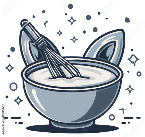 Whisk stirring creamy mixture in a whimsical cat ear mixing bowl with decorative sparkles cooking baking concept