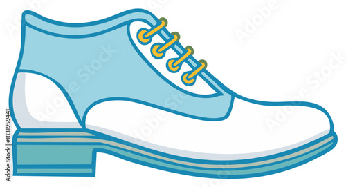 Clean vector art depiction of a stylish light blue and white classic laced shoe with yellow laces