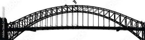 Black silhouette of a large steel arch bridge with flags on top against a white background