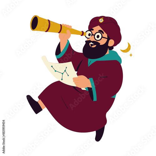 Cartoon astronomer with telescope and star chart
