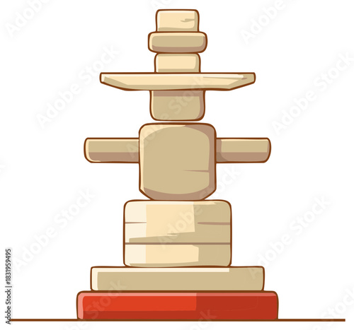 Stylized wooden inukshuk marker sculpture standing tall on a red base with a white background