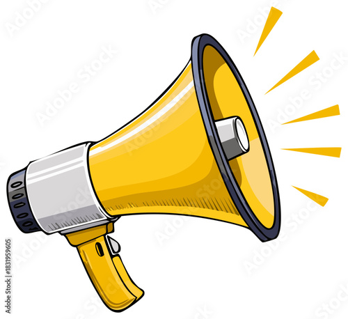Yellow megaphone with sound waves communicating a message, amplification concept