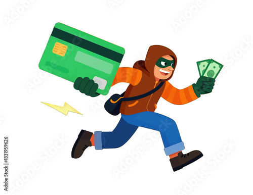 Cartoon thief running with credit card and money