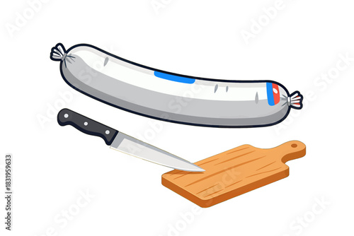 Cartoon sausage, knife, and wooden chopping board isolated objects