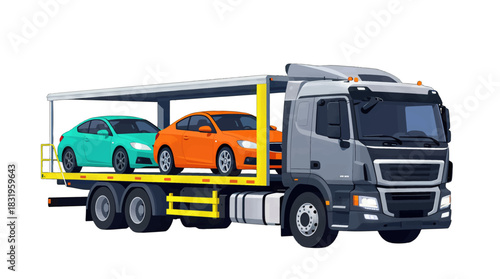 Car transport truck carrying teal and orange cars