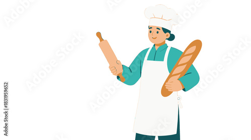 Cheerful baker holding a baguette and rolling pin