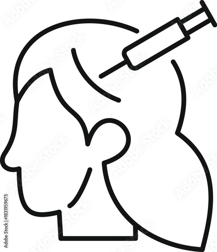 Person's head with a syringe for hair treatment, alopecia, or cosmetic purposes