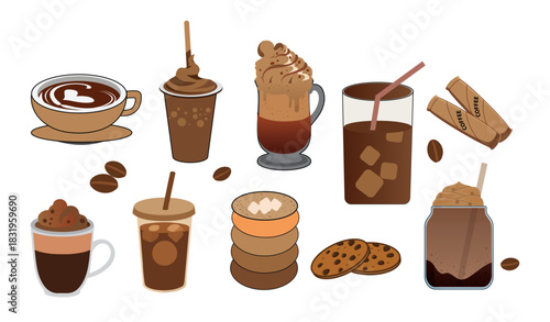 collection of different coffee drinks illustration iced latte cappuccino frappe matcha