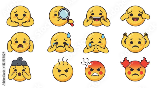 Diverse Collection of Yellow Emoji Faces Expressing a Wide Spectrum of Human Emotions and Reactions