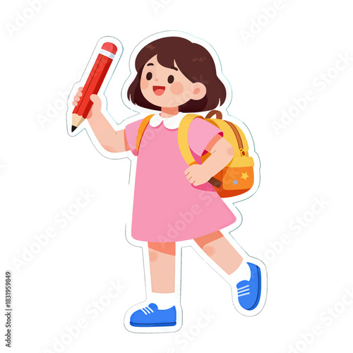 Cheerful schoolgirl with backpack holding a large red pencil