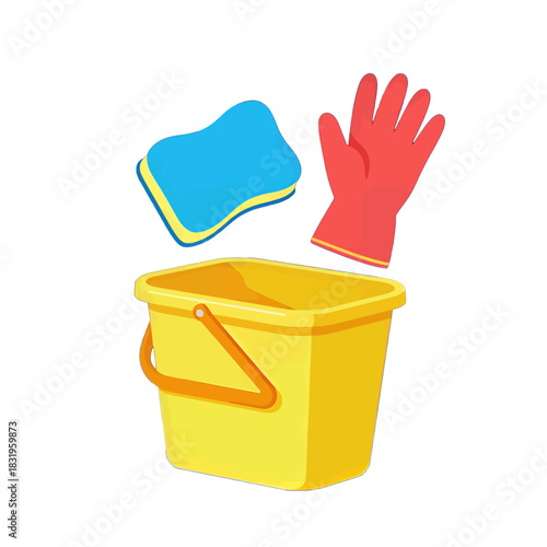 Cleaning supplies with yellow bucket, sponge and red glove