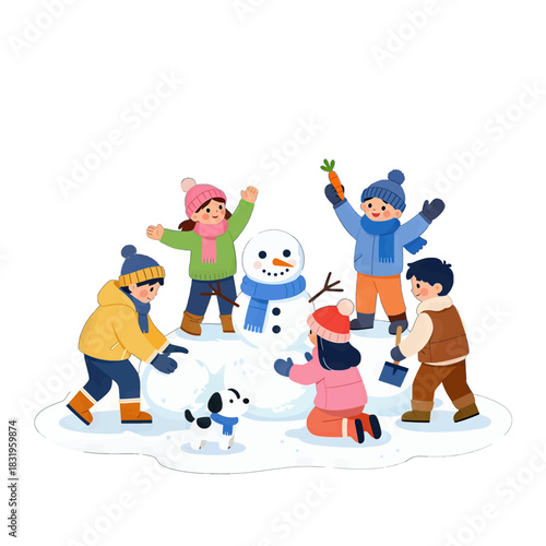 Children Building a Snowman with a Playful Puppy