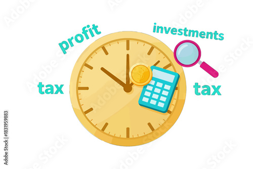 Clock with calculator and coin symbolizing finance and time management