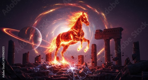 Cosmic Red Fire Horse in Ancient Ruins