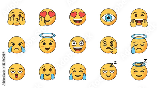 A colorful collection of expressive cartoon emoji faces and emoticons isolated on a white background