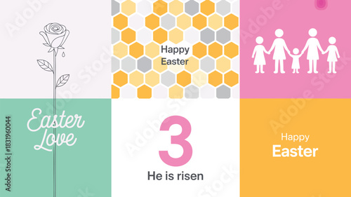 Happy easter collage with rose family honeycomb pattern and religious message he is risen