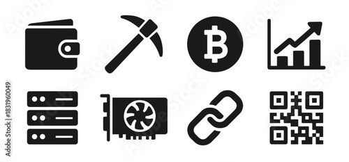 Cryptocurrency and blockchain icon collection in black. Includes wallet, pickaxe, bitcoin symbol, chart, server, gpu, chain link and qr code