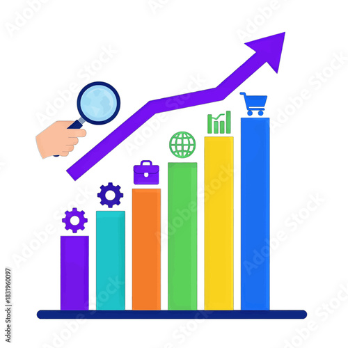Colorful bar graph with icons representing growth in business and e-commerce