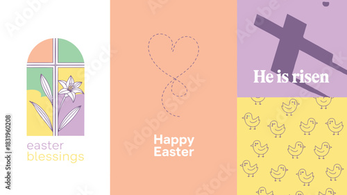 Collection of easter themed illustrations with religious and secular elements in pastel colors