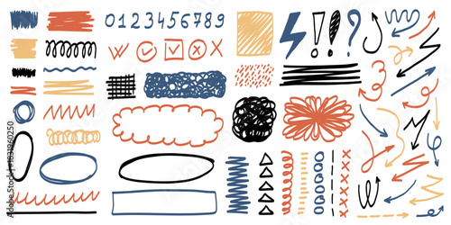 Collection of colorful hand-drawn marker doodles including arrows, scribbles, underlines, symbols, shapes, highlights, and numbers in red, blue, yellow, and black