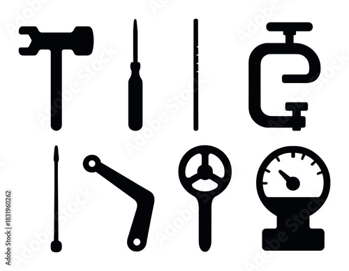 Silhouetted tools on dark background: hammer, screwdriver, and more