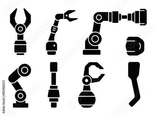 Collection of industrial robotic arm silhouettes on dark background
