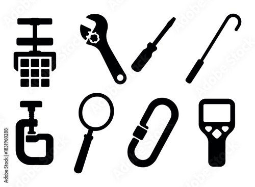 Silhouettes of tools: wrench, screwdriver, magnifying glass, crowbar, clamp, carabiner