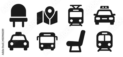 Public transportation icon collection in black. Includes bus stop chair, map pin, tram, taxi, car, bus, seat and train