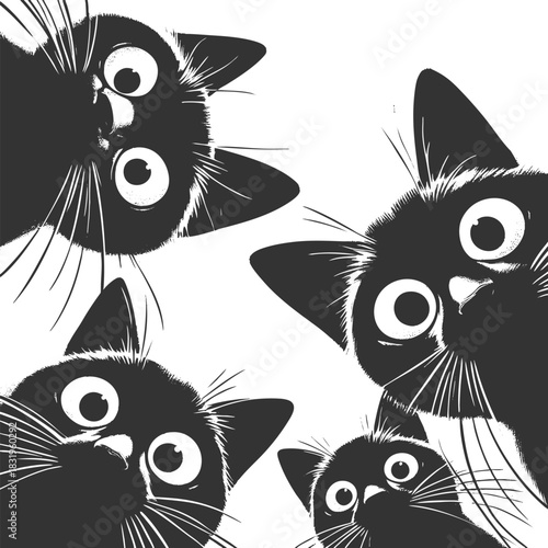 Adorable group of curious black cats with big eyes peering downward sketch engraving generative ai fictional character vector illustration. Scratch board imitation. Black and white image.