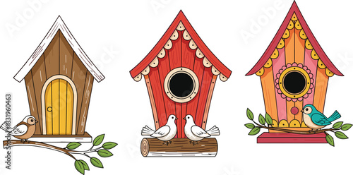 Whimsical decorative birdhouses with colorful birds perched on leafy branches, ideal for nature, spring, garden, and home decor themes.