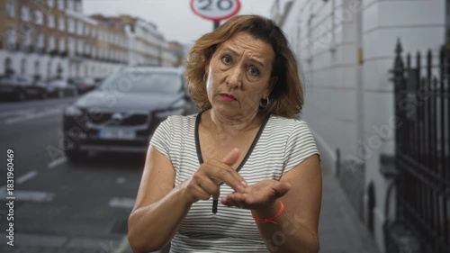 Woman extends open palm and taps empty hand in a begging gesture on a city street near parked car and wrought iron railing; desperation.
