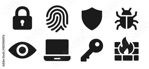 Cyber security icon collection in black. Includes padlock, fingerprint, shield, bug, eye, laptop, key and firewall