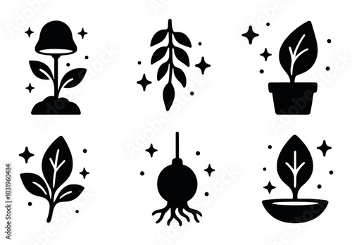 Minimalist nature icons with plants and leaves on earthy background