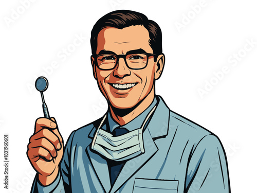 confident man dentist in a lab coat holding a dental mirror, ideal for oral health themes. Generative ai vector colorful pop art illustration.