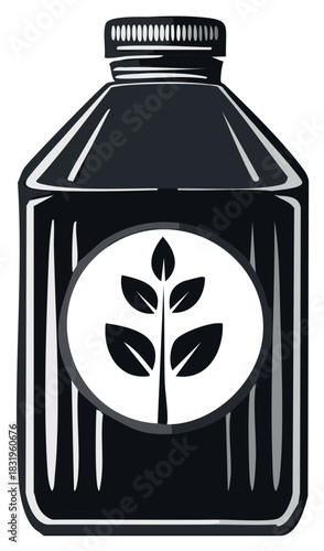 Black bottle with plant leaf logo icon for fertilizer gardening and agricultural products vector illustration