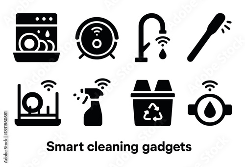 Smart cleaning gadgets icons: dishwasher, robot, faucet, toothbrush, spray, recycle, monitor