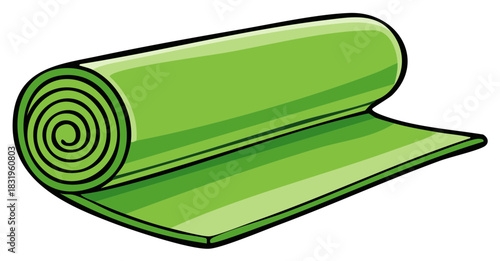 Bright green yoga mat rolled for fitness and meditation cartoon illustration
