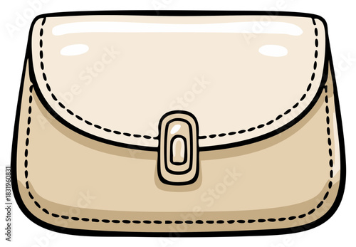 Stylish beige woman's handbag or clutch purse with stitching in a cartoon vector style