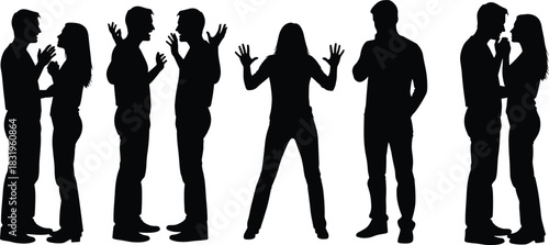 People silhouettes set, couples arguing and kissing, angry men fighting, surprised woman, thinking man, relationship conflict vector, white background