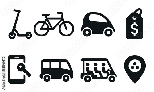 Urban transportation icons: scooter, bicycle, car, price tag, mobile app, bus, cart, location
